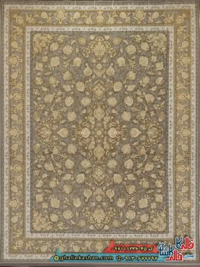 فرش طلاکوب 1200 شانه طرح افشان دیبا رنگ طوسی نقره ای گل برجسته کاشان