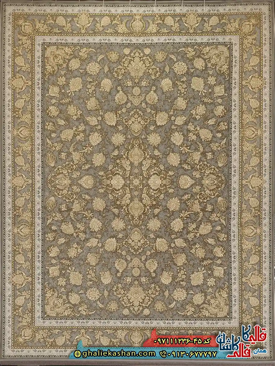 فرش طلاکوب 1200 شانه طرح افشان دیبا رنگ طوسی نقره ای گل برجسته کاشان اصلی