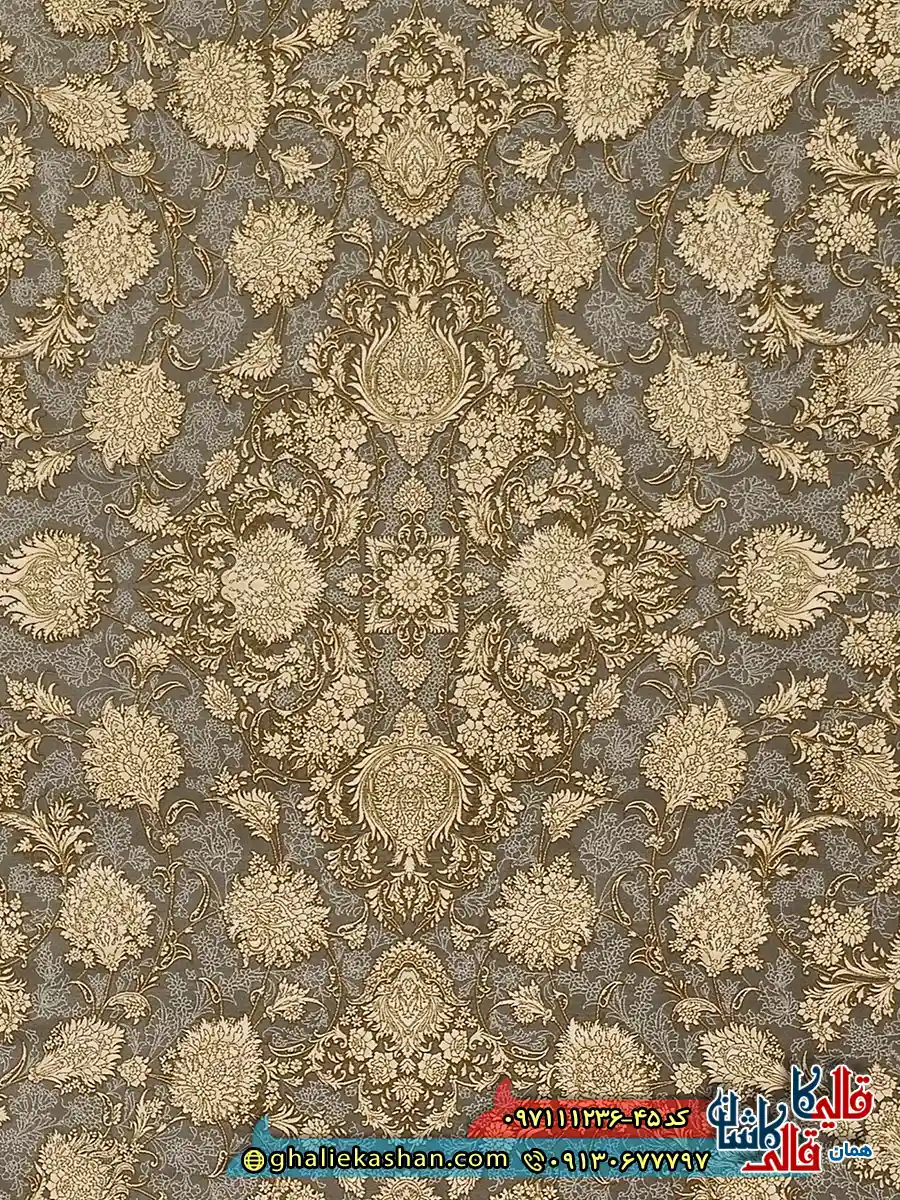 فرش طلاکوب 1200 شانه طرح افشان دیبا رنگ طوسی نقره ای گل برجسته کاشان زمینه