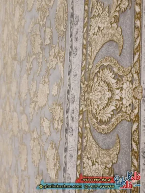 فرش طلاکوب 1200 شانه طرح افشان دیبا رنگ طوسی نقره ای گل برجسته کاشان نزدیک