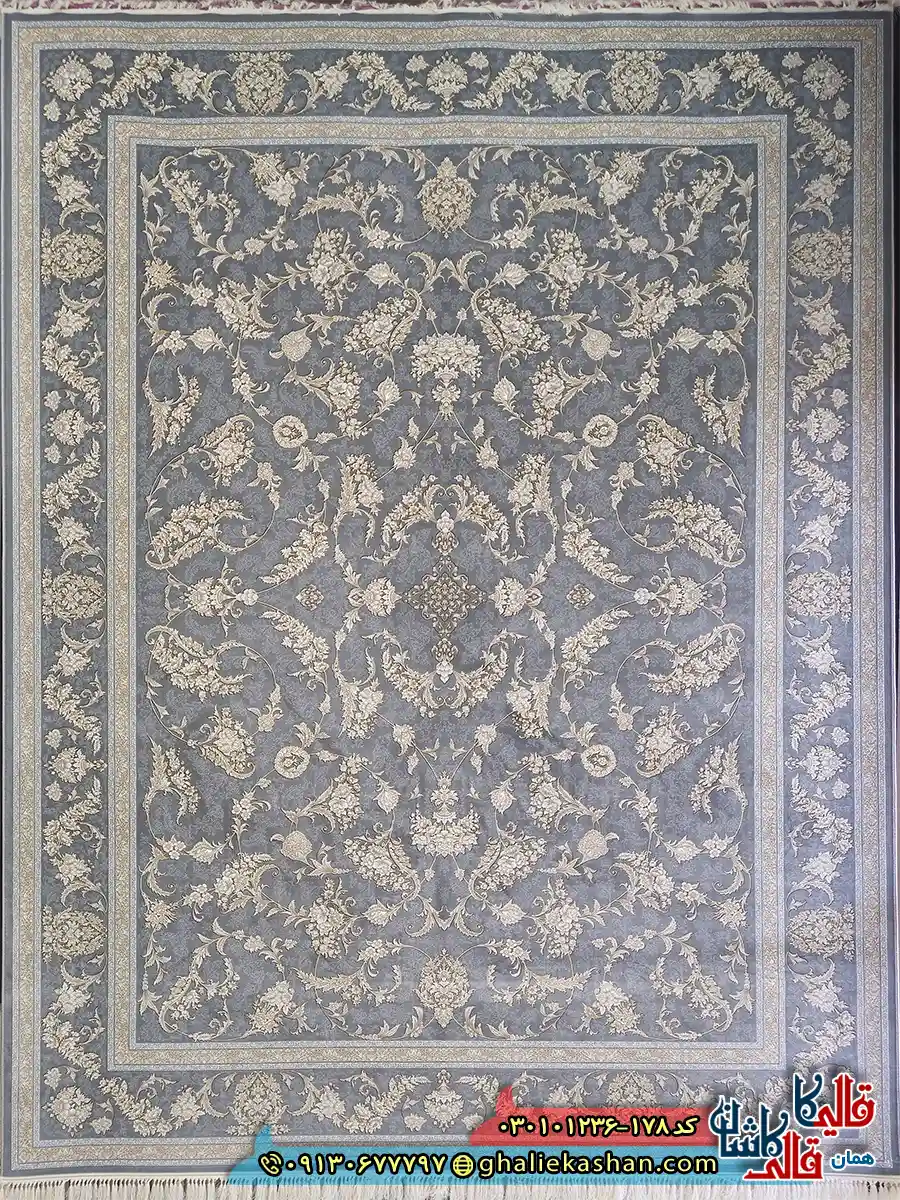 فرش ‌طلاکوب ‌1200 ‌شانه ‌طرح ‌افشان ‌ساحل ‌رنگ ‌طوسی ‌کاشان ‌اصلی