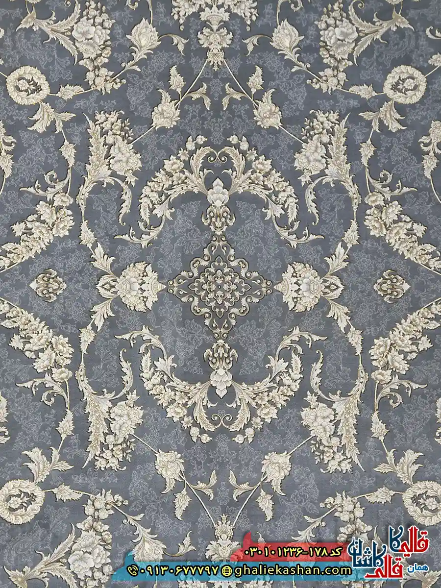 فرش ‌طلاکوب ‌1200 ‌شانه ‌طرح ‌افشان ‌ساحل ‌رنگ ‌طوسی ‌کاشان ‌زمینه