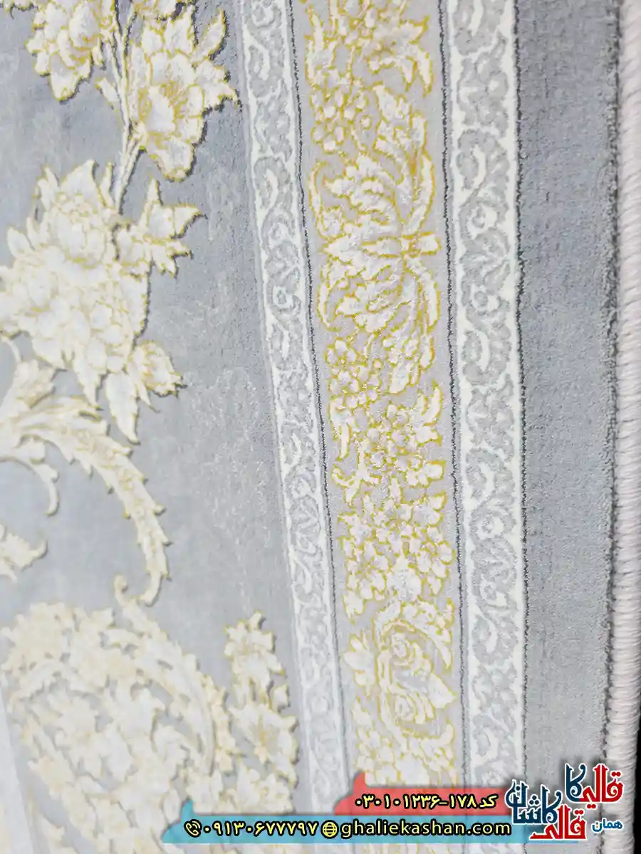 فرش ‌طلاکوب ‌1200 ‌شانه ‌طرح ‌افشان ‌ساحل ‌رنگ ‌طوسی ‌کاشان ‌نزدیک ‌2