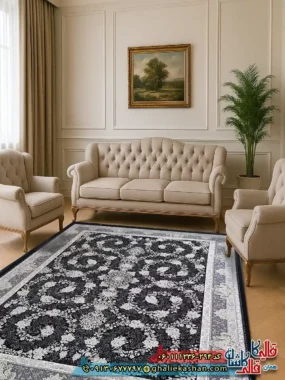 فرش طلاکوب 1200 شانه طرح افشان سوگل رنگ سرمه ای گل برجسته کاشان