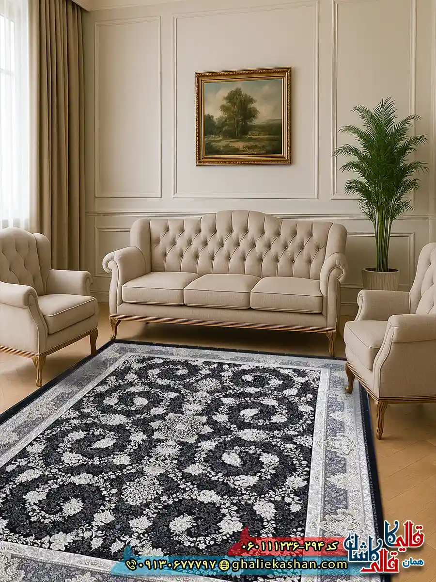 فرش طلاکوب 1200 شانه طرح افشان سوگل رنگ سرمه ای گل برجسته کاشان دکوراسیون