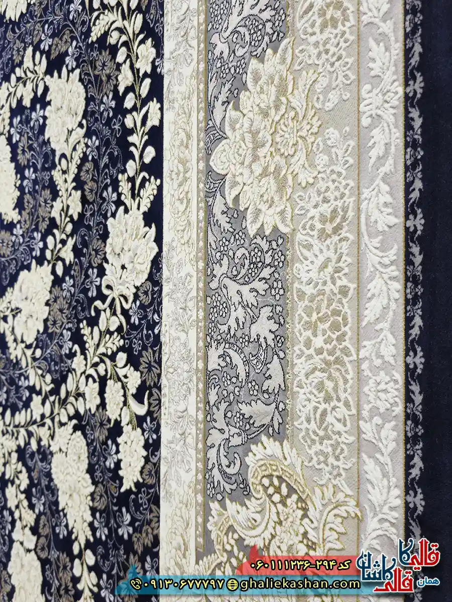 فرش طلاکوب 1200 شانه طرح افشان سوگل رنگ سرمه ای گل برجسته کاشان نزدیک