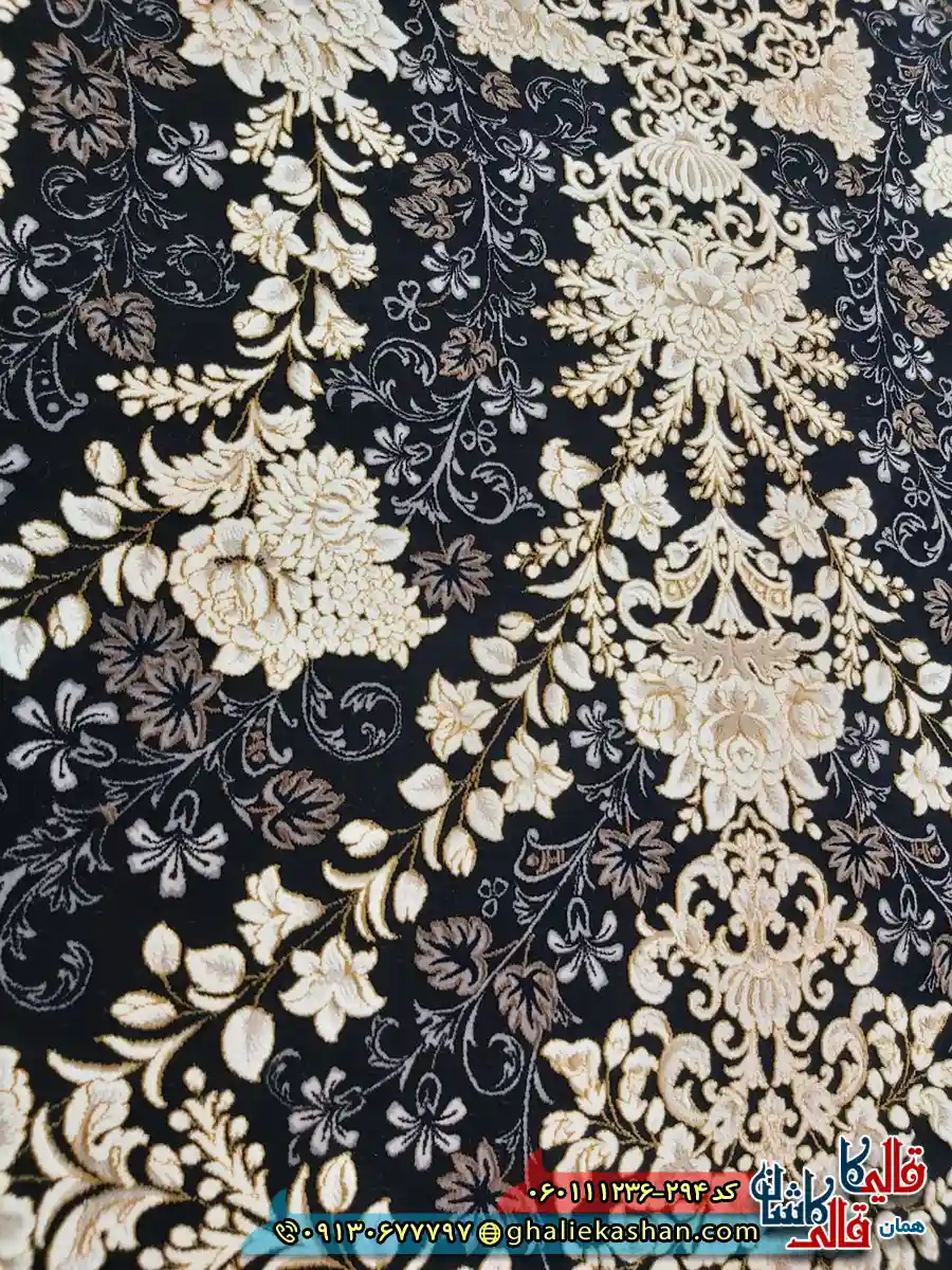 فرش طلاکوب 1200 شانه طرح افشان سوگل رنگ سرمه ای گل برجسته کاشان نزدیک2