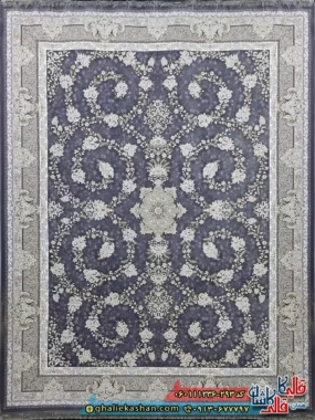 فرش طلاکوب 1200 شانه طرح افشان سوگل رنگ طوسی دلفینی گل برجسته کاشان