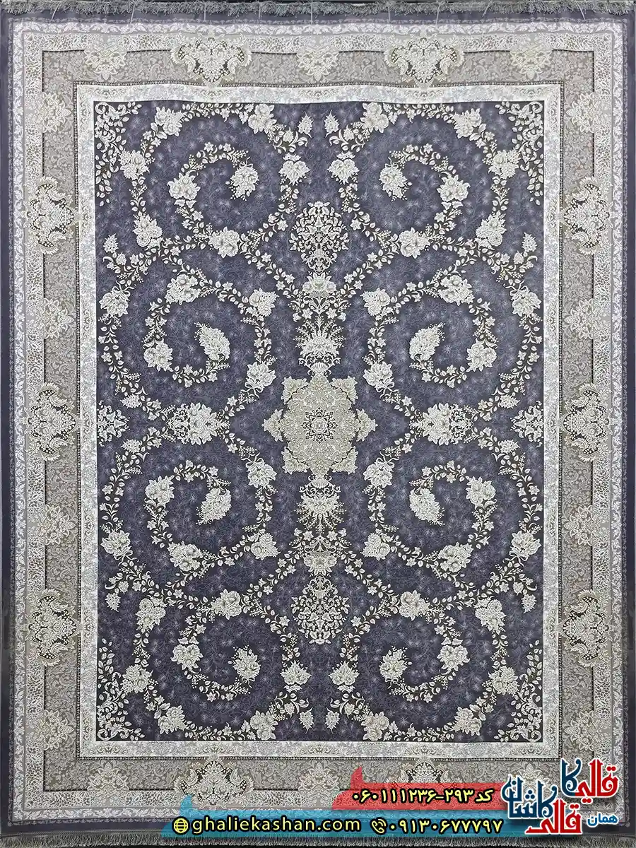 فرش طلاکوب 1200 شانه طرح افشان سوگل رنگ طوسی دلفینی گل برجسته کاشان اصلی