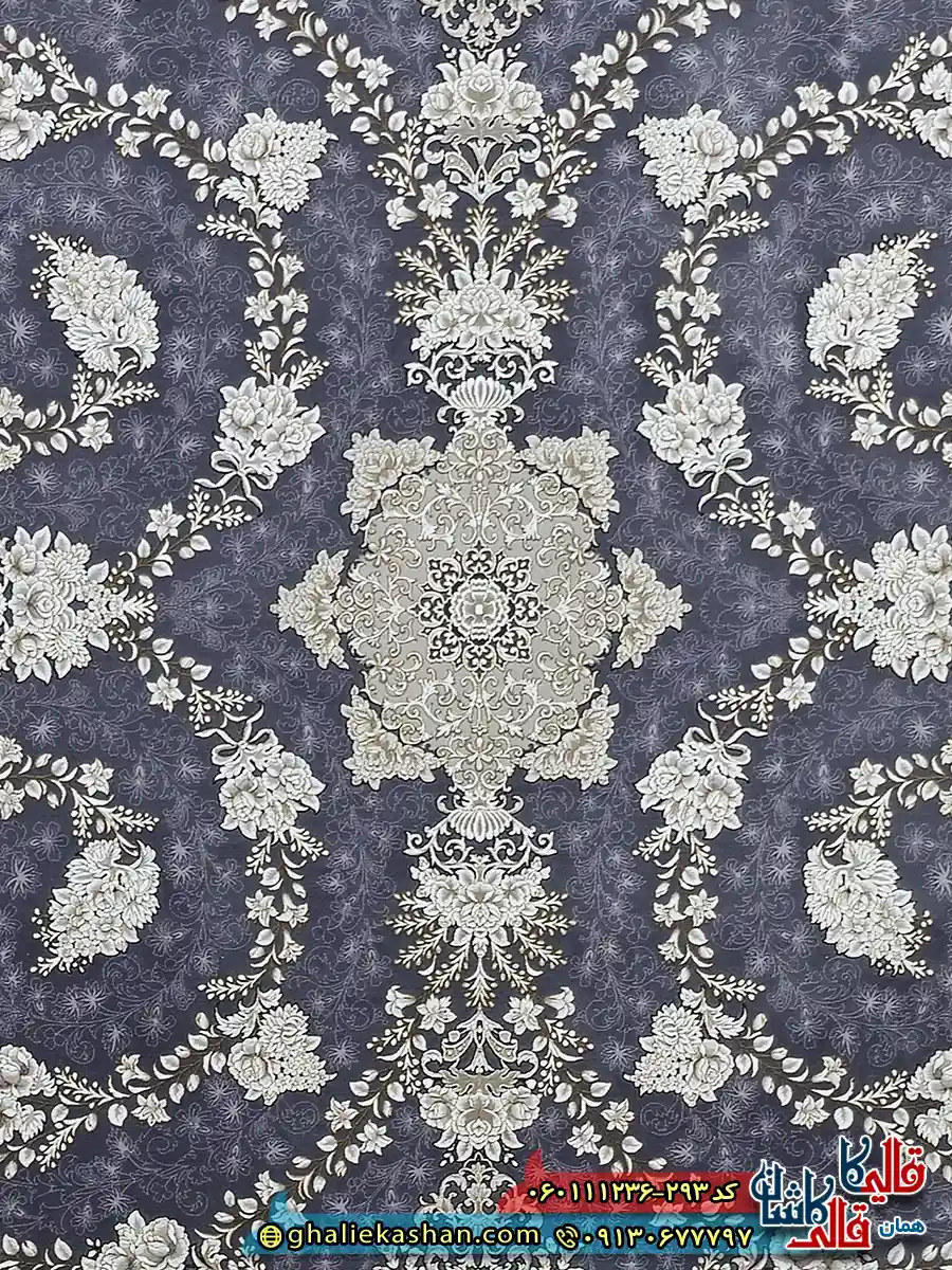 فرش طلاکوب 1200 شانه طرح افشان سوگل رنگ طوسی دلفینی گل برجسته کاشان زمینه