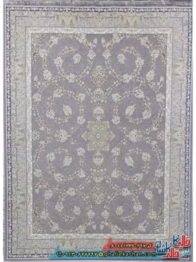 فرش طلاکوب 1200 شانه طرح افشان سوگل رنگ طوسی یاسی گل برجسته کاشان اصلی