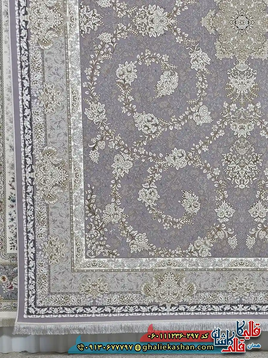 فرش طلاکوب 1200 شانه طرح افشان سوگل رنگ طوسی یاسی گل برجسته کاشان حاشیه