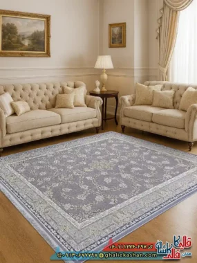 فرش طلاکوب 1200 شانه طرح افشان سوگل رنگ طوسی یاسی گل برجسته کاشان
