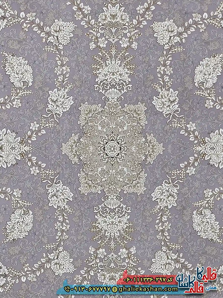 فرش طلاکوب 1200 شانه طرح افشان سوگل رنگ طوسی یاسی گل برجسته کاشان زمینه