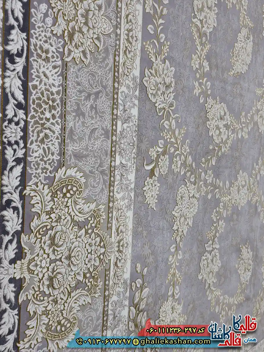 فرش طلاکوب 1200 شانه طرح افشان سوگل رنگ طوسی یاسی گل برجسته کاشان نزدیک