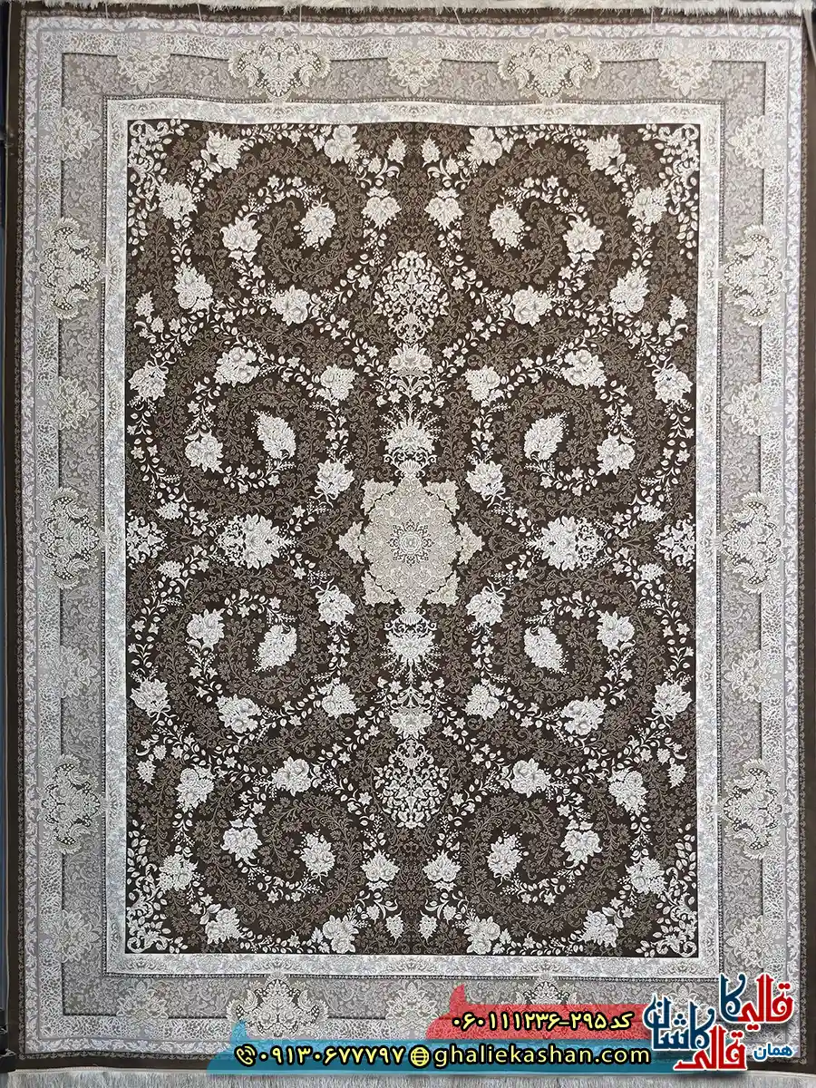 فرش طلاکوب 1200 شانه طرح افشان سوگل رنگ قهوه ای شکلاتی گل برجسته کاشان اصلی