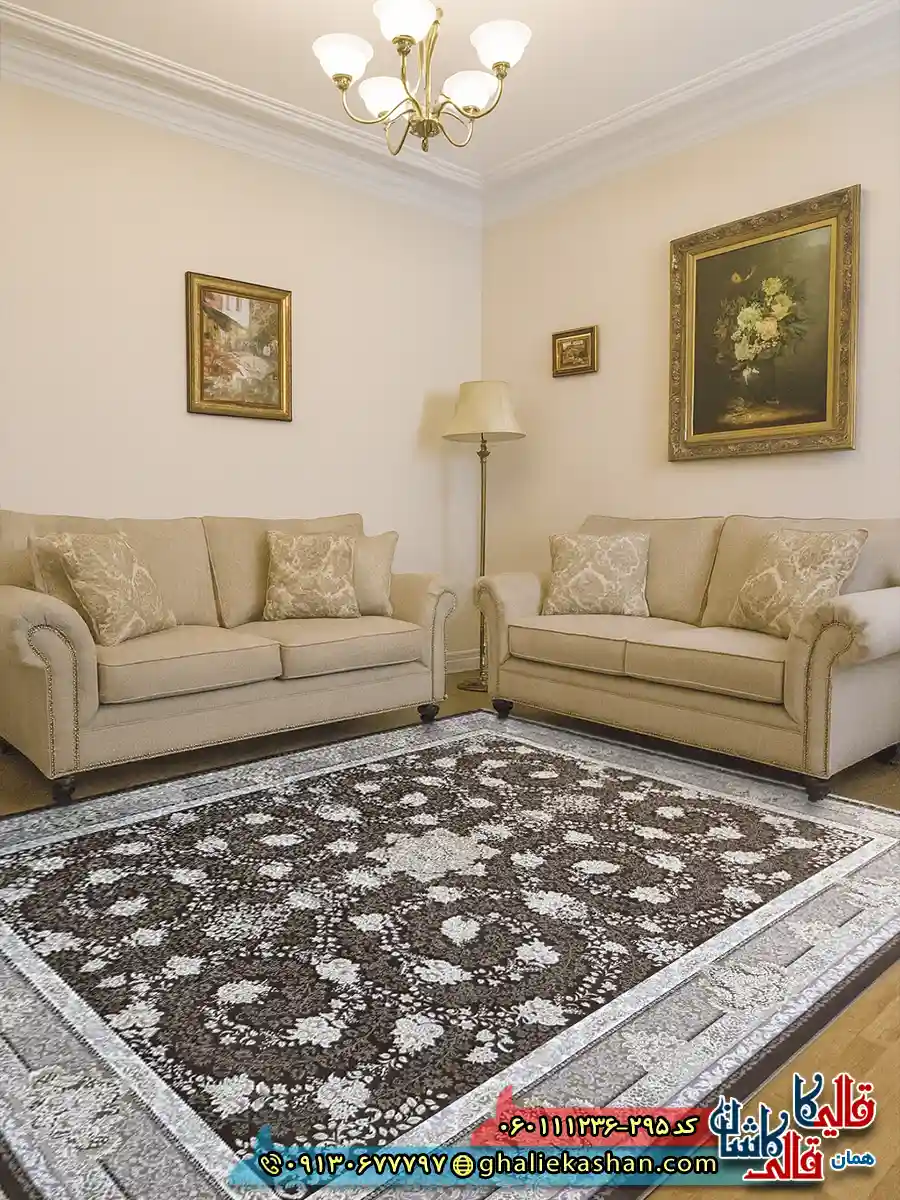 فرش طلاکوب 1200 شانه طرح افشان سوگل رنگ قهوه ای شکلاتی گل برجسته کاشان دکوراسیون