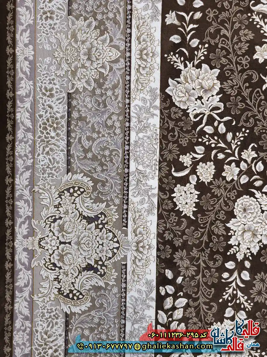 فرش طلاکوب 1200 شانه طرح افشان سوگل رنگ قهوه ای شکلاتی گل برجسته کاشان نزدیک