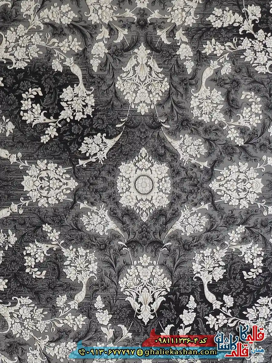 فرش طلاکوب 1200 شانه طرح افشان نورا رنگ طوسی دودی طلایی گل برجسته کاشان زمینه