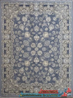 فرش طلاکوب 700 شانه طرح افشان همتا رنگ طوسی نقره ای کاشان