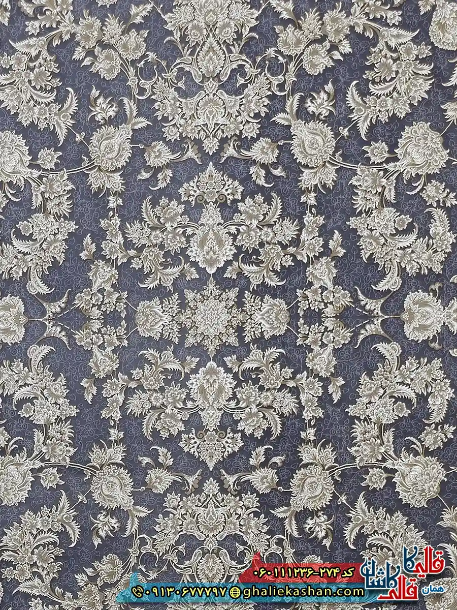 فرش طلاکوب 1200 شانه طرح افشان پارمیدا رنگ طوسی دلفینی گل برجسته کاشان زمینه