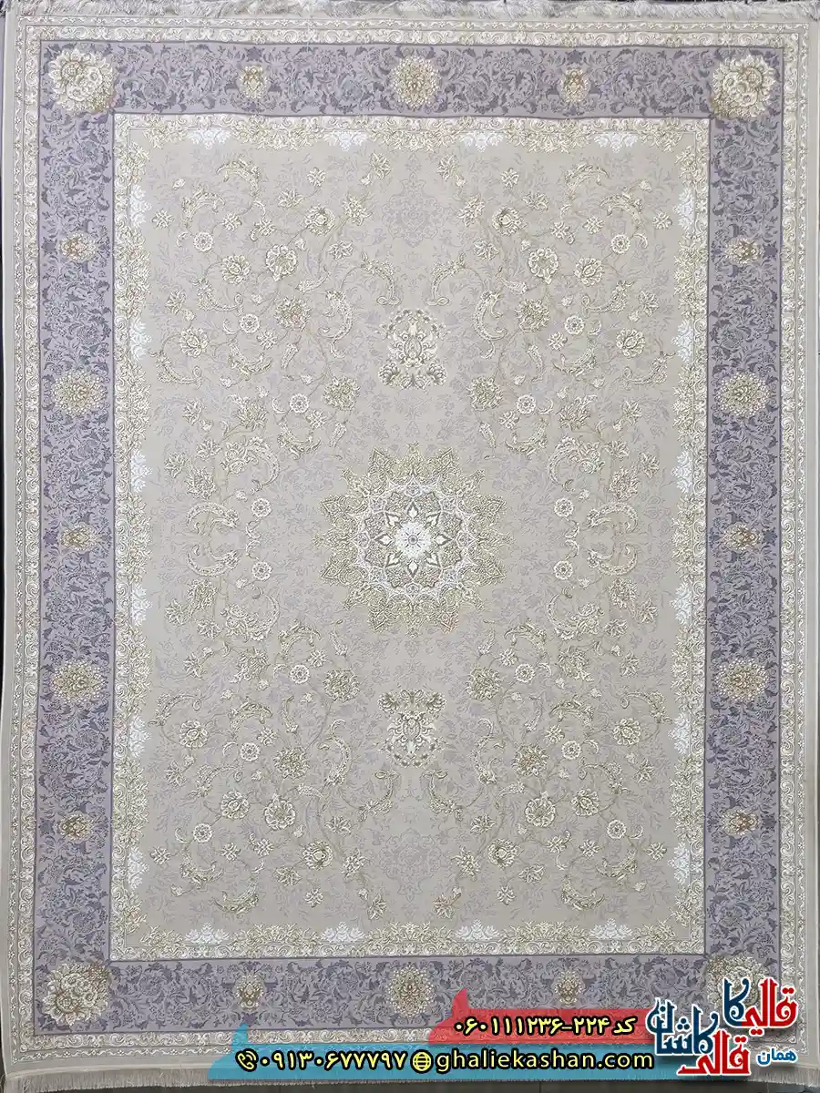 فرش طلاکوب 1200 شانه طرح افشان پرستش رنگ کرم صدفی گل برجسته کاشان اصلی