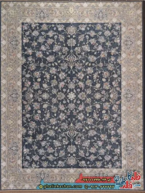 فرش طلاکوب 1200 شانه طرح افشان گلوریا رنگ آبی کاربنی گل برجسته کاشان