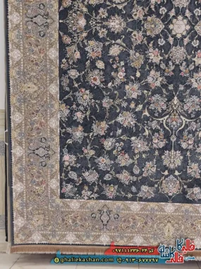 فرش طلاکوب 1200 شانه طرح افشان گلوریا رنگ آبی کاربنی گل برجسته کاشان حاشیه