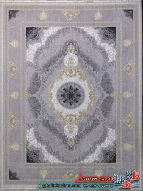 فرش طلاکوب 1200 شانه طرح برکه رنگ طوسی یاسی گل برجسته کاشان