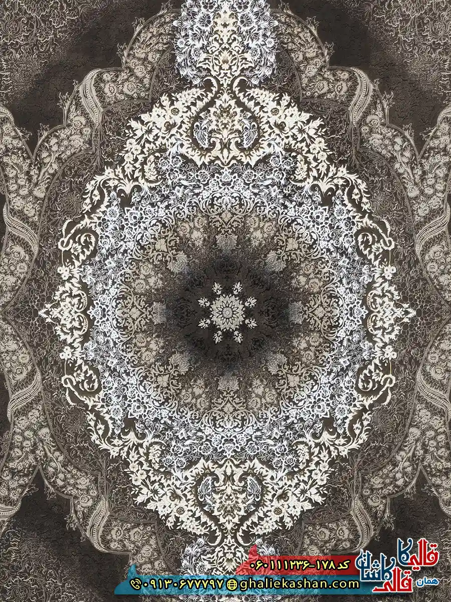 فرش طلاکوب 1200 شانه طرح برکه رنگ قهوه ای شکلاتی گل برجسته کاشان زمینه