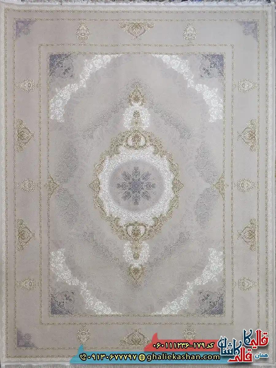 فرش طلاکوب 1200 شانه طرح برکه رنگ کرم صدفی گل برجسته کاشان اصلی