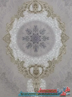 فرش طلاکوب 1200 شانه طرح برکه رنگ کرم صدفی گل برجسته کاشان زمینه