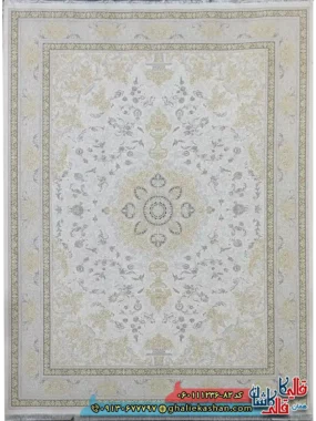 فرش طلاکوب 1200 شانه طرح ترلان رنگ سفید گل برجسته کاشان