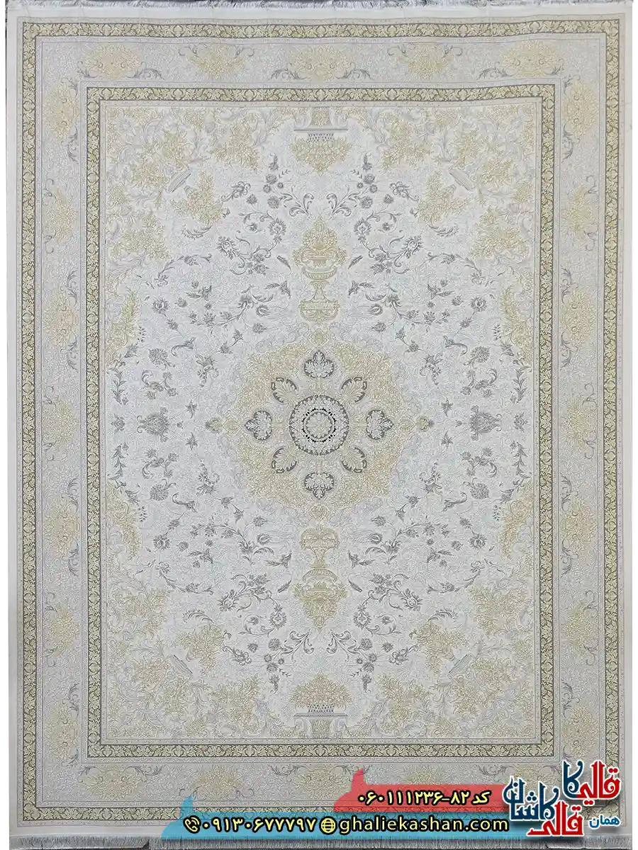 فرش طلاکوب 1200 شانه طرح ترلان رنگ سفید گل برجسته کاشان اصلی