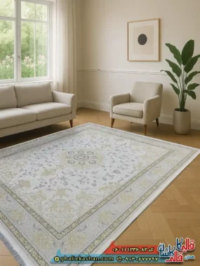 فرش طلاکوب 1200 شانه طرح ترلان رنگ سفید گل برجسته کاشان