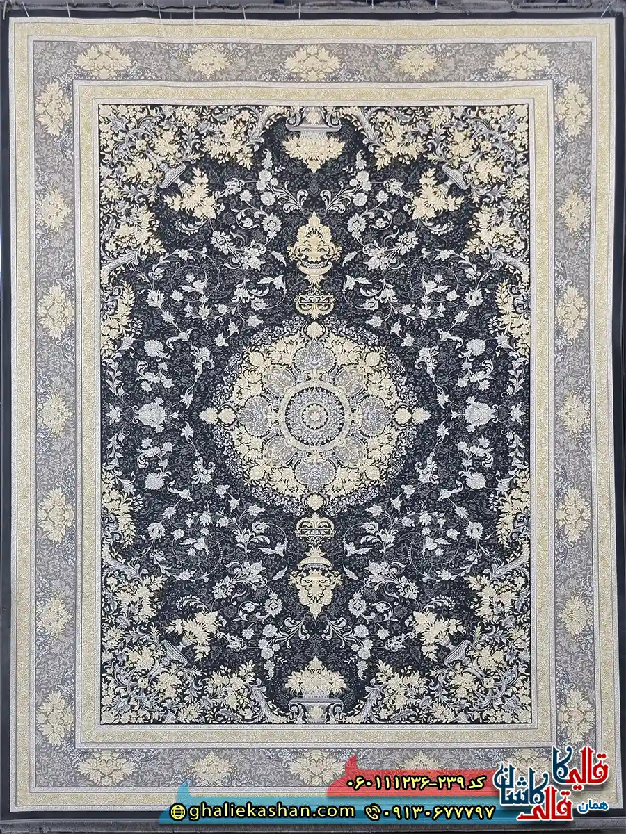 فرش طلاکوب 1200 شانه طرح ترلان رنگ طوسی دلفینی گل برجسته کاشان اصلی فرش طلاکوب 1200 شانه طرح ترلان رنگ طوسی دلفینی گل برجسته کاشان اصلی