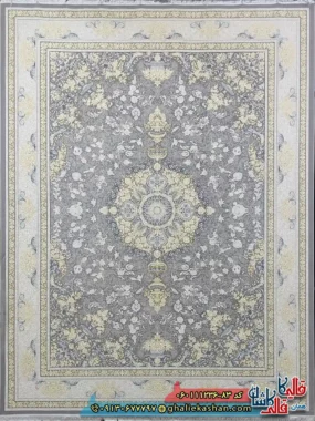 فرش طلاکوب 1200 شانه طرح ترلان رنگ طوسی نقره ای گل برجسته کاشان