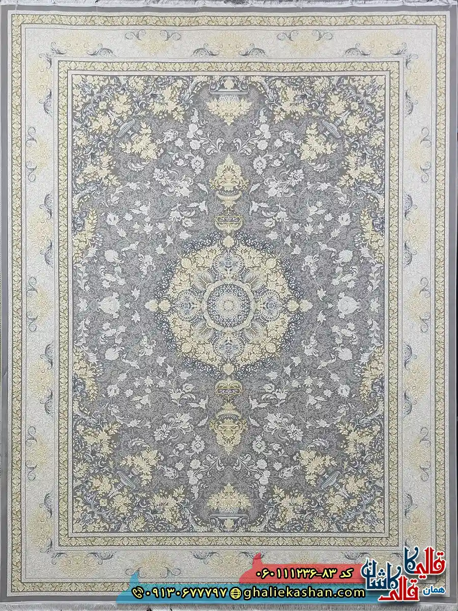 فرش طلاکوب 1200 شانه طرح ترلان رنگ طوسی نقره ای گل برجسته کاشان اصلی