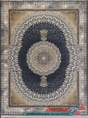 فرش طلاکوب 1200 شانه طرح جاویدان رنگ آبی کاربنی گل برجسته کاشان