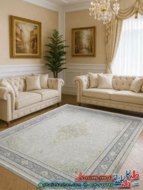 فرش طلاکوب 1200 شانه طرح رایان رنگ کرم گل برجسته کاشان زمینه