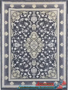 فرش طلاکوب 1200 شانه طرح رایان لیلی رنگ مشکی زغالی گل برجسته کاشان اصلی