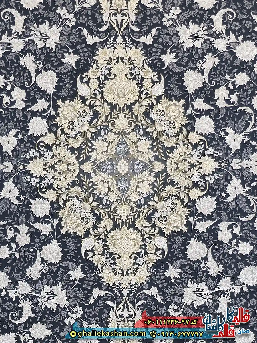 فرش طلاکوب 1200 شانه طرح رایان لیلی رنگ مشکی زغالی گل برجسته کاشان زمینه