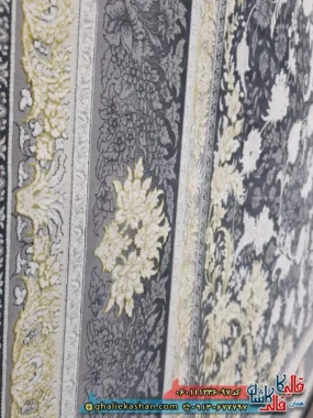 فرش طلاکوب 1200 شانه طرح رایان لیلی رنگ مشکی زغالی گل برجسته کاشان نزدیک