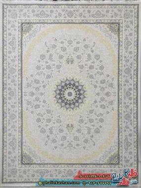 فرش طلاکوب 1200 شانه طرح رویان رنگ سفید کرم گل برجسته کاشان