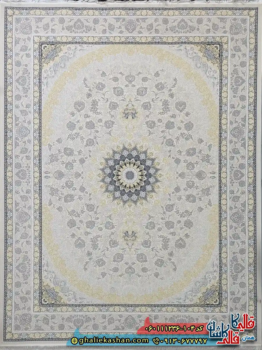 فرش طلاکوب 1200 شانه طرح رویان رنگ سفید کرم گل برجسته کاشان اصلی