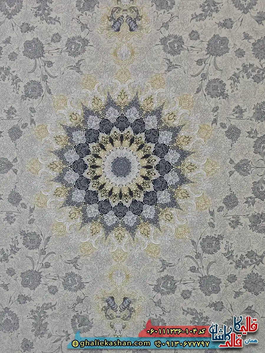 فرش طلاکوب 1200 شانه طرح رویان رنگ سفید کرم گل برجسته کاشان زمینه