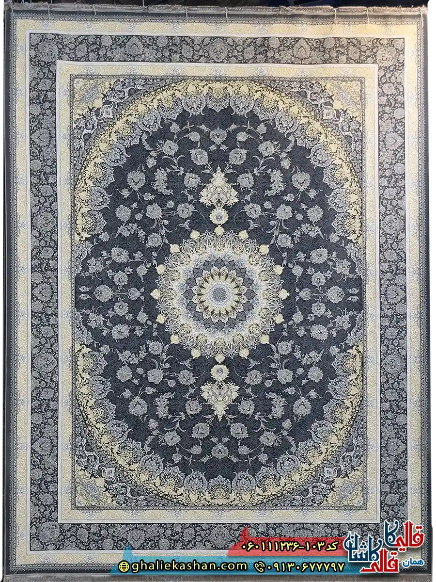 فرش طلاکوب 1200 شانه طرح رویان رنگ مشکی زغالی گل برجسته کاشان اصلی