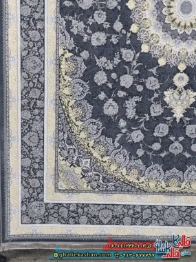 فرش طلاکوب 1200 شانه طرح رویان رنگ مشکی زغالی گل برجسته کاشان حاشیه