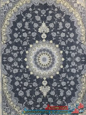 فرش طلاکوب 1200 شانه طرح رویان رنگ مشکی زغالی گل برجسته کاشان زمینه