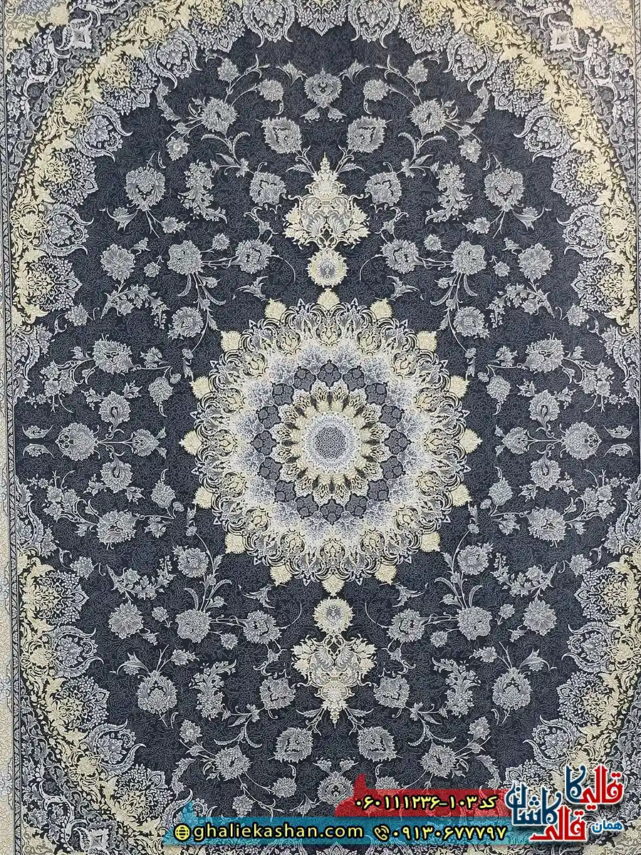 فرش طلاکوب 1200 شانه طرح رویان رنگ مشکی زغالی گل برجسته کاشان زمینه